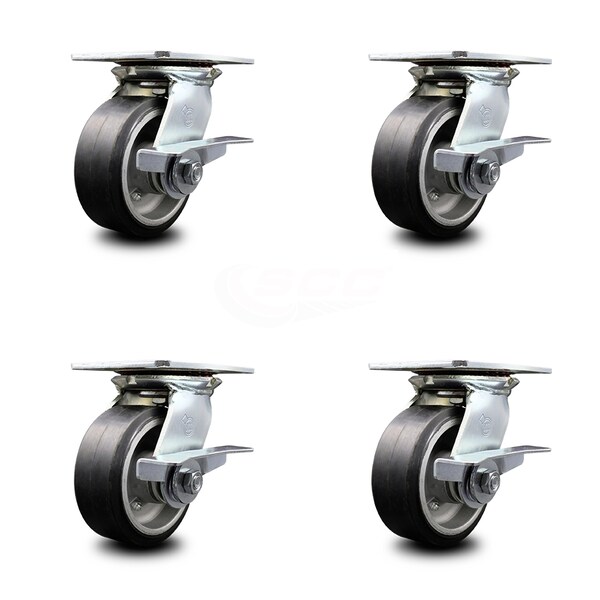 5 Inch Heavy Duty Rubber on Aluminum Caster Set with Ball Bearings and Brakes